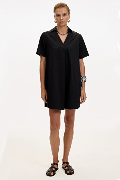 Allyco Rochie cămașă neagră cu mâneci scurte cu decolteu în V