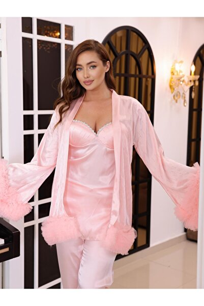 Limas lingerie ELMAS VE SİMLERLE SÜSLENMİŞ SATEN KUMAŞTAN YAPILMIŞ 4 PARÇALI PİJAMA TAKIMI
