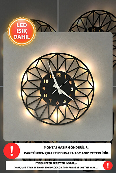 Dekorvin Led Işıklı Yapraklar Duvar Saati Sessiz Dekoratif Modern Siyah Ahşap...