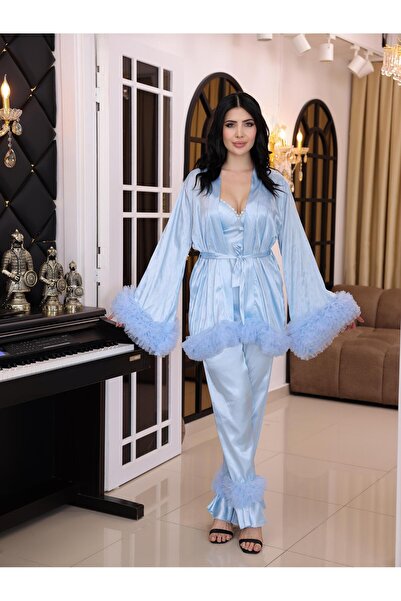 Limas lingerie ELMAS VE SİMLERLE SÜSLENMİŞ SATEN KUMAŞTAN YAPILMIŞ 4 PARÇALI PİJAMA TAKIMI