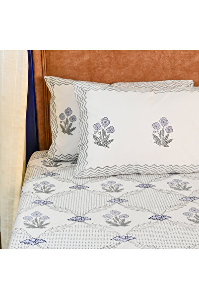 SARAS LABEL Heritage Block Print 100% Cotton Percale Bedsheet with 2 Pillowcases