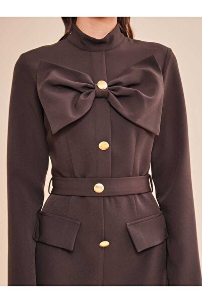 SERPİL Fiyonk Yakalı Düğme Detaylı Uzun Elbise 40720