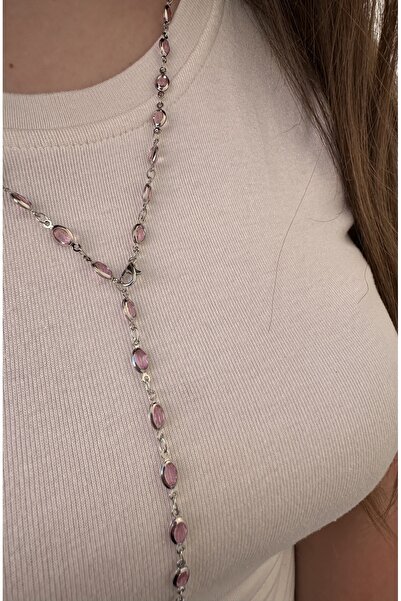 onse Gümüş Oval Pembe Taşlı Çelik Ayarlanabilir Y Kolye