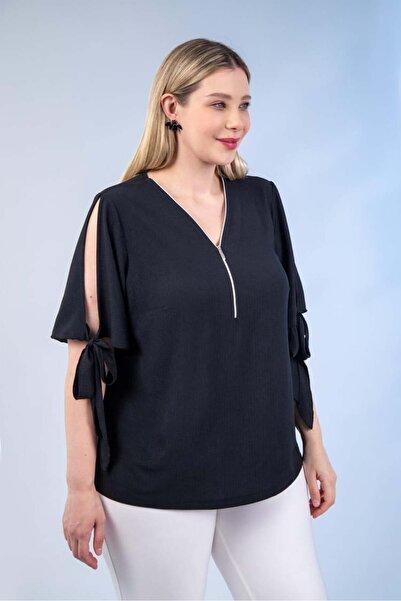 Roxxlen 1112048 Women's Plus Size Wrinkled Blouse Black