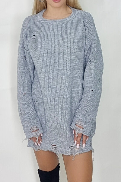 FashionForYou Laura long knitted sweater, with cutouts in the fabric, Grey