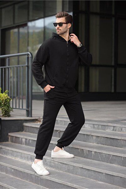 Madmext Siyah Kapüşonlu Fermuarlı Basic Erkek Eşofman Takımı E7331