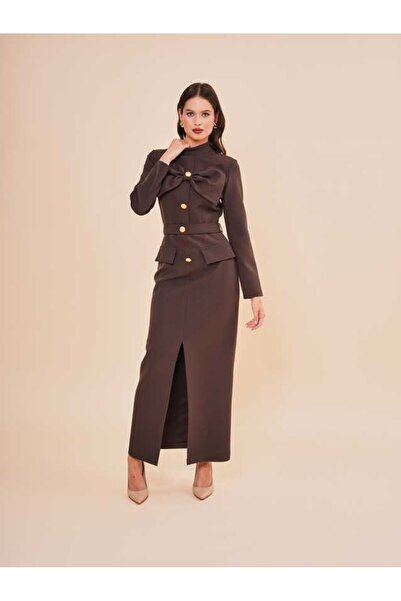 SERPİL Fiyonk Yakalı Düğme Detaylı Uzun Elbise 40720
