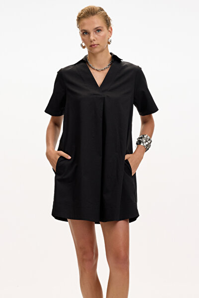 Allyco Rochie cămașă neagră cu mâneci scurte cu decolteu în V