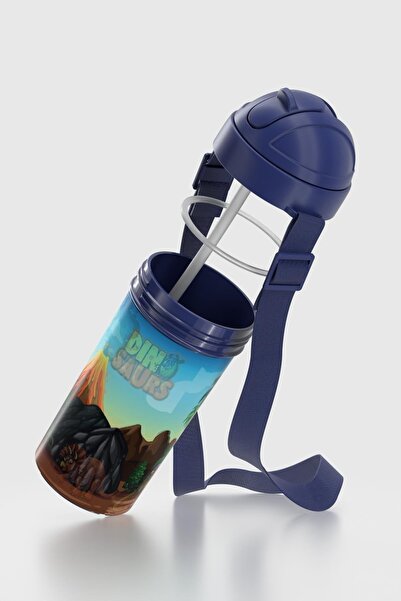 Renga Cosmo Lenticular Dinosaur Patterned 415 ml Pp Children's Water Bottle with Straw and Strap 912149 Blue