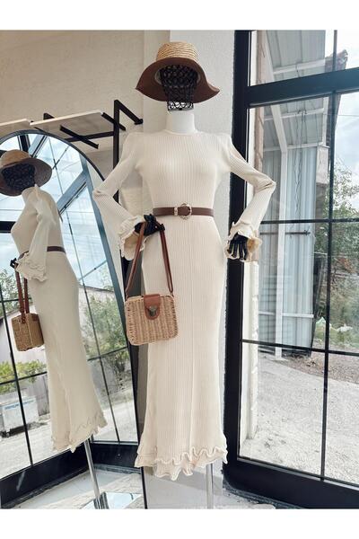 Taba Fırfırlı Triko Elbise Bej