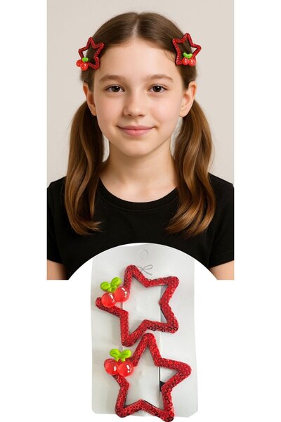 TAKIŞTIR مجموعة من قطعتين من مشابك جانبية باللون الأحمر على شكل نجمة مع تفاصيل الكرز