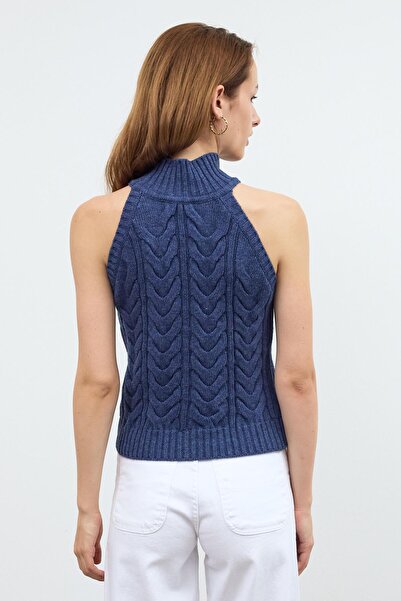 SHERIN Πλεκτή μπλούζα με ψηλό γιακά με πλεκτά μαλλιά Indigo