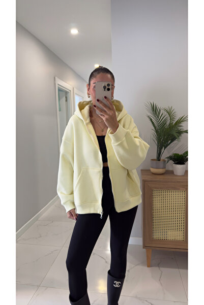 BİRCANÇİL Veyrona Sarı Kapüşonlu Fermuarlı Hırka