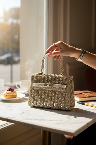 GOLDEN POLO مجموعة إشراق – حقيبة يد صغيرة مطرزة بالأحجار |   حقيبة فستان سهرة بتصميم خاص باللون الذهبي