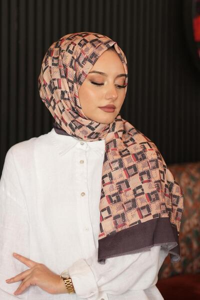 AFVENTE Geometric Square Pattern Bitter Brown Cotton Shawl