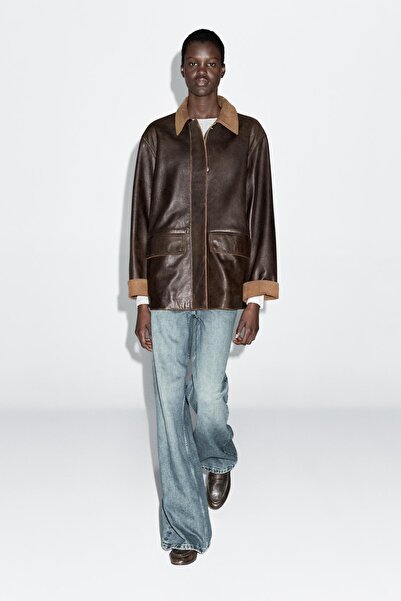 Massimo Dutti Fitilli kadife detaylı napa deri parka