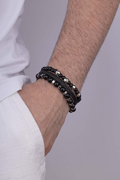 Gümüş Pazarım Onyx Hematite Stone Braided Leather Men's Leather Bracelet Comb...