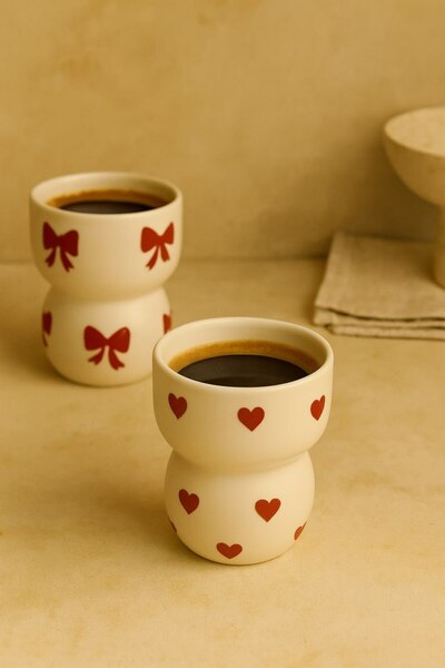 Anadolu Saray Set of 2 Handmade Ceramic Heart and Bow Design Handmade Mug Octagonal Design Mug Cup