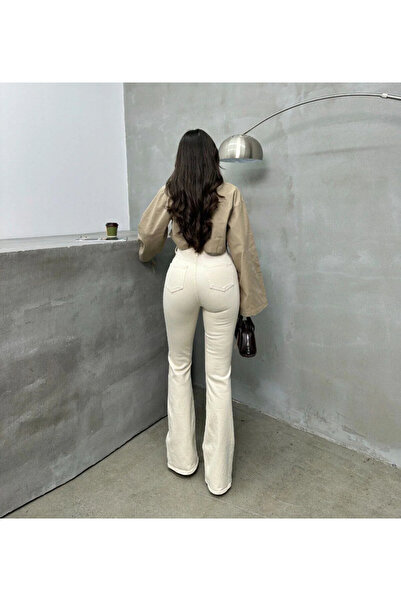 AsiaLife KREM YÜKSEK BEL İSPANYOL PAÇA JEAN