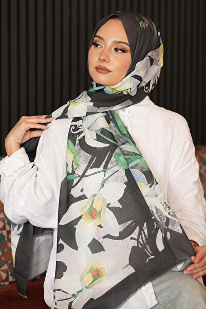 AFVENTE Πράσινο βαμβακερό σάλι με φύλλα με μοτίβο λουλουδιών