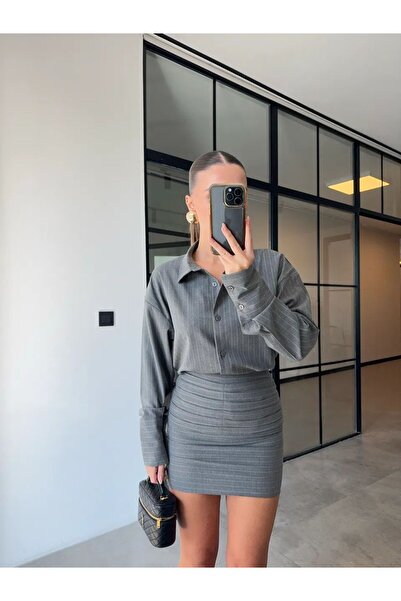 FMN Moda Drape Detail Striped High Waist Thick Buckle Fabric Skirt Loose Fit Cuff Sleeve Shirt Blouse Two-Piece Set