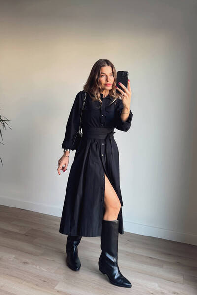 Sue Store Siyah Korseli Cep Detaylı Maxi Gömlek Elbise