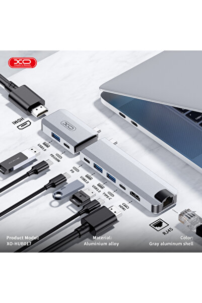 Xo MacBook Type-C Hub 9 in 1 ,3 USB 3.0 5Gbps,Ethernet 100Mbps,2 Hdmi 4K 30Hz...