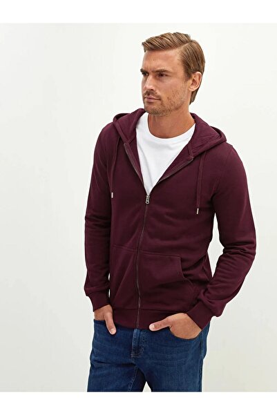 LC Waikiki LCWAIKIKI Basic Bordo Kapüşonlu Uzun Kollu Erkek Fermuarlı Sweatshirt