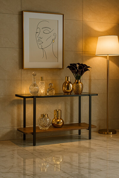 MARIA HOMES Modern Console Table with Glass Top – 140×40×80 cm | Brown Wood Shelf and Black Metal Frame