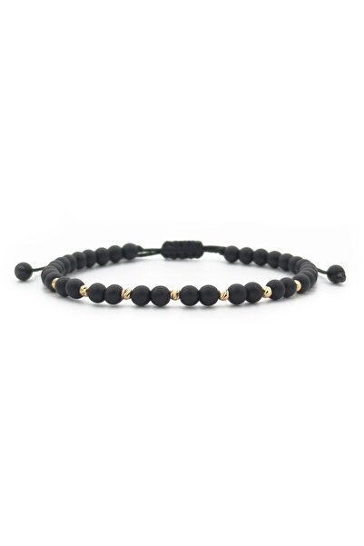 Velar Bracelets Bratara din Snur cu Onix Mat 4mm si Bile din Aur 14K 2.5mm (Reglabila)