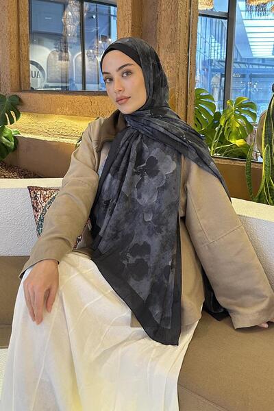lamelif Batik Çiçek Desen Bambu Şal Siyah