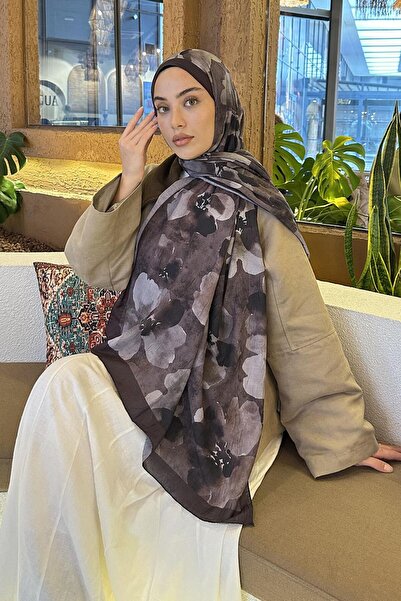 lamelif Batik Çiçek Desen Bambu Şal Acı Kahverengi