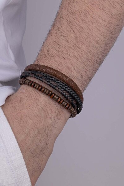 Gümüş Pazarım مجموعة أساور جلدية للرجال من الحجر الطبيعي باللون البني والأسود