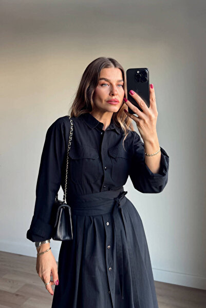 Sue Store Siyah Korseli Cep Detaylı Maxi Gömlek Elbise