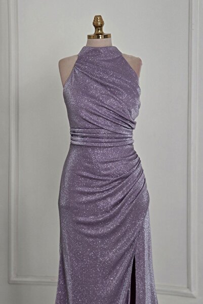 Yonca Moda Evi Lila Dik Yaka Işıltılı Abiye 64501