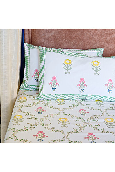 SARAS LABEL Heritage Block Print 100% Cotton Percale Bedsheet with 2 Pillowcases