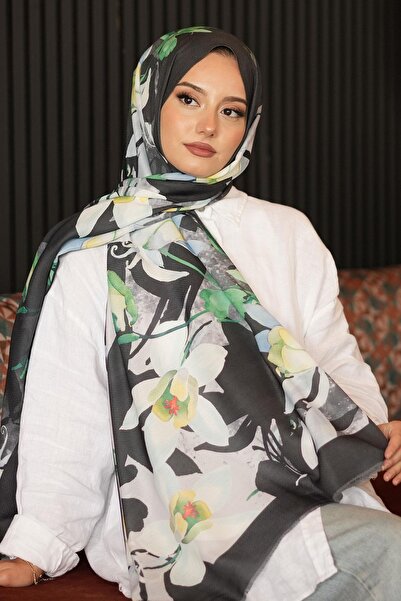 AFVENTE Πράσινο βαμβακερό σάλι με φύλλα με μοτίβο λουλουδιών