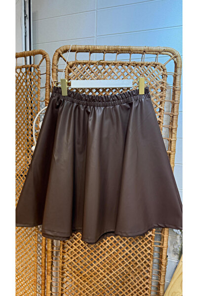 Kendinisevbutik Deri Kahverengi Büyük Beden Likralı Çan Etek