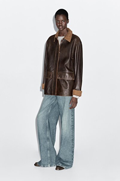 Massimo Dutti Fitilli kadife detaylı napa deri parka