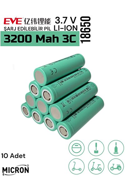 Micron EVE 18650 3.7V (Volt) 3200 MaH 3C 35V Lityum Şarj edilebilir 10 Adet P...