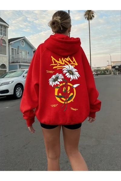 ArtYus سويت شيرت بقلنسوة كبير الحجم من القطن مطبوع عليه زهرة الأقحوان الملونة...