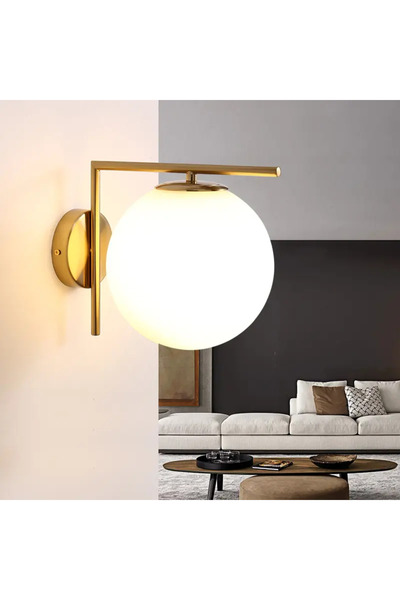 OEM Modern design gold wall lamp, white glass globe, E27, 22 cm x 25 cm