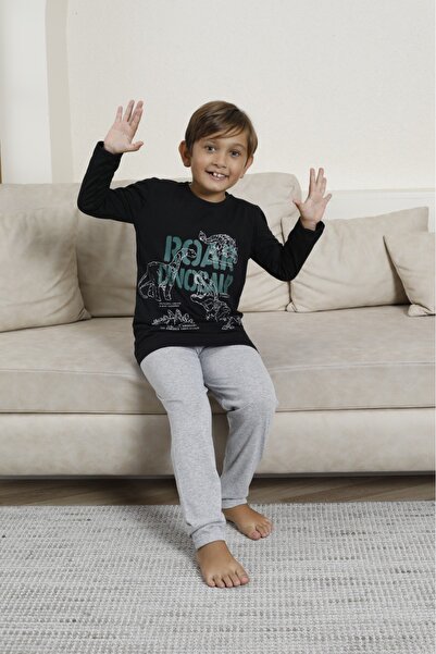 LİLA İÇ GİYİM Erkek Çocuk Baskılı Detayı Uzun Kol Siyah Pijama Takımı