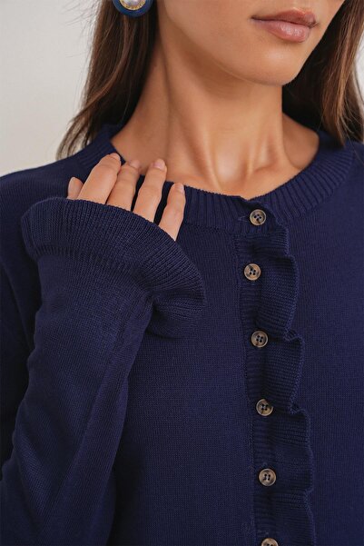 Mixray 6964 Women's Plain Ruffled Buttoned Cardigan Navy Blue