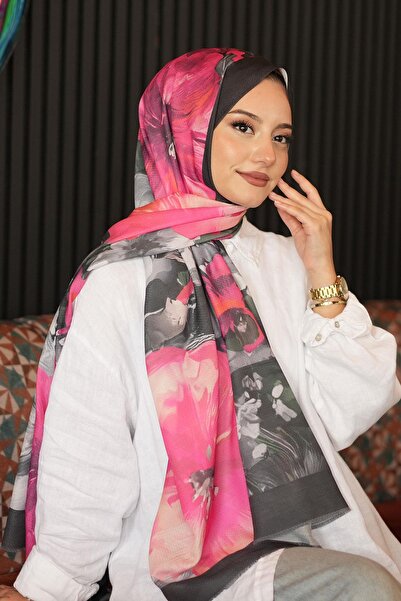 AFVENTE Pastoral Floral Pattern Fuchsia Cotton Shawl