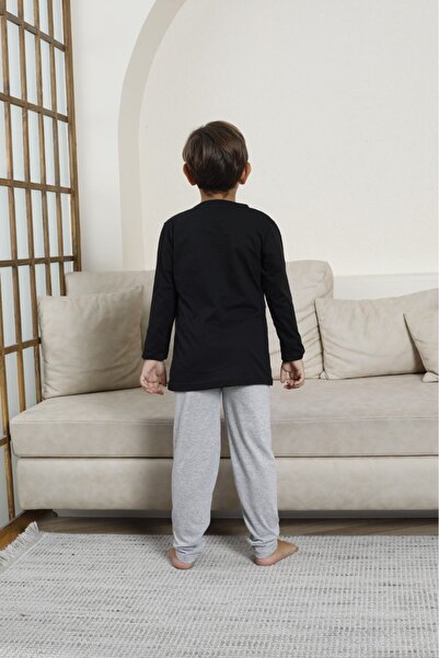LİLA İÇ GİYİM Erkek Çocuk Baskılı Detayı Uzun Kol Siyah Pijama Takımı