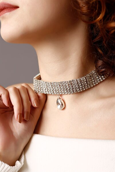 BİJUTERRİ 6 Sıralı Damla Taşlı Silver Choker Kolye, Taşlı Choker, Su Yolu Cho...