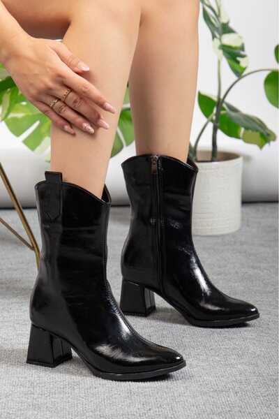 SOFT JAZZ Siyah Rugan Kaymaz Taban Sivri Burun Fermuarlı Rugan Bot