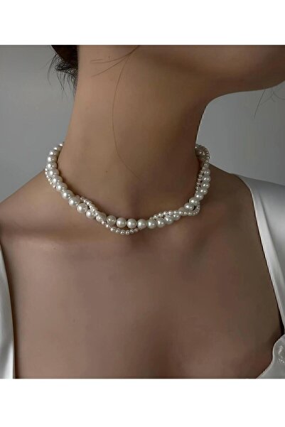 Arescollection KADIN BEYAZ BAROK TARZ ZARİF SARMAL İKİLİ İNCİ KOLYE