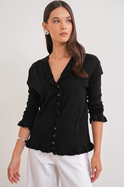 Mixray 6964 Women's Plain Ruffled Buttoned Cardigan Black